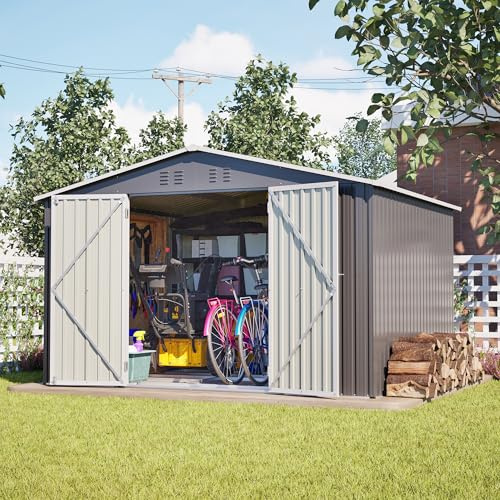 Mobscot Gartenhaus Metall 300 x 252 x 191cm Inkl. Metallfundament (ohne Boden), Fahrradgarage mit Satteldach & abschließbar, Wetterfest Outdoor Motorrad Garage - für Hinterhof Garten & Aufbewahrung