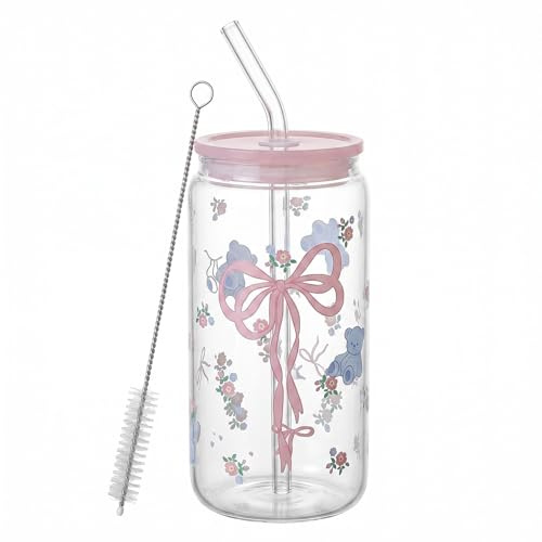 Mtbricey 500ML Pink Bow Glass Cups with Lids Straws Pink Bear Design Iced Coffee Glass Tumbler with Brush Aesthetic Clear Coffee Mugs Gift for Women Mum Daughter Girlfriend