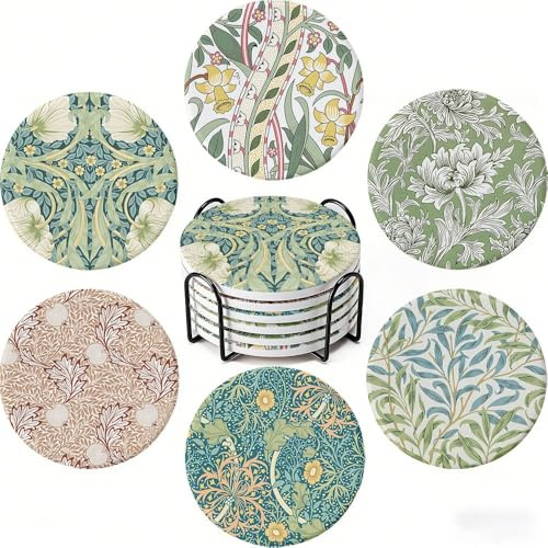 Floral Ceramic Coasters Set of 6 with Holder and Cork Base | Outdoor Coasters for Garden Tables,For Any Cups, Tables & Home or Work Decor