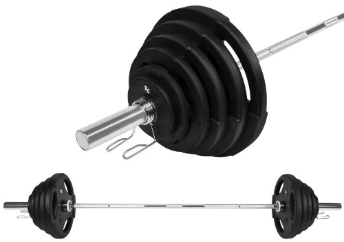 Bad Company Hantelset I Olympia Gummi-Gripper Hantelscheiben 50/51 mm (2 x 1,25 kg, 2 x 2,5 kg, 2 x 5 kg, 2 x 10 kg, 2 x 15 kg, 2 x 20 kg) inkl. Langhantelstange 220 cm I Komplett-Set 125,5 kg mit LBS-Angabe