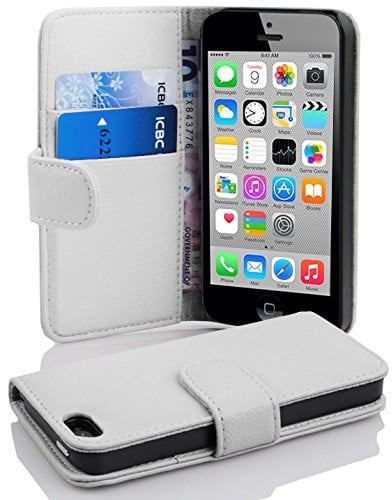 Cadorabo Hülle kompatibel mit für iPhone 5C Handyhülle aus Premium Kunst Leder Flip Klappbare Stoßfeste Magnetische [Standfunktion] [Kartenfächern] Cover Hülle für iPhone 5C Tasche in Weiß