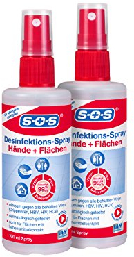 SOS Desinfektions-Spray, 2 x 100 ml Sprühflasche, Handdesinfektion gegen 99,99% der Bakterien, Pilze und Viren*, geeignet zur Desinfektion von Flächen und Gegenständen