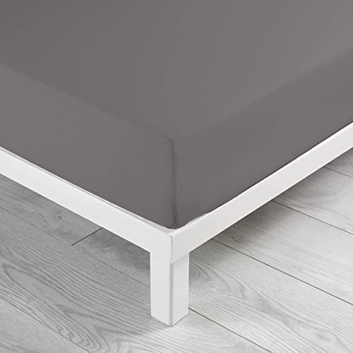 douceur d'intérieur, Drap Housse (90 x 190 cm) Lina Gris Souris, 100% Coton