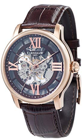 Thomas Earnshaw Longitude ES-8062-02 mechanische Herren-Armbanduhr, braunes Zifferblatt mit Skelett-Anzeige, braunes Lederarmband