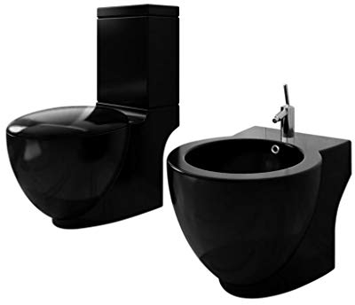 Festnight Stand-Toilette/WC mit Soft WC Sitz + Stand-Bidet Bodenstehend Bidet & Toilette Set aus Keramik Schwarz