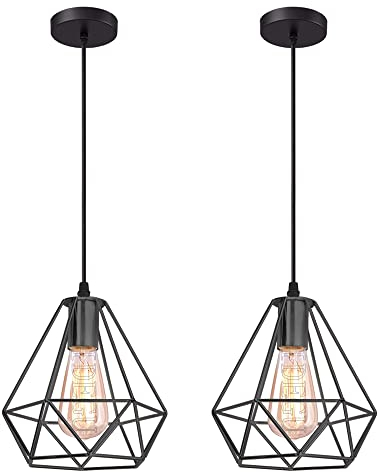 iDEGU 2 Stück Pendelleuchten Retro Pendellampe in Diamant Käfig Form Lampenschirm Metall Hängelampe, 20CM, Schwarz Product ID: 9908515296745