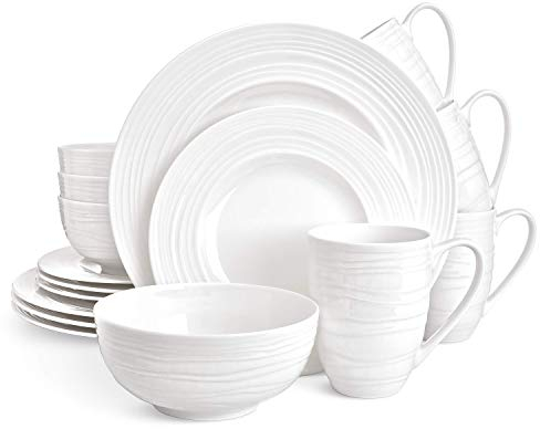 Divitis Home Infinity Service de table rond en porcelaine anglaise 16 pièces comprenant des bols à soupe, des assiettes plates et des assiettes à salade