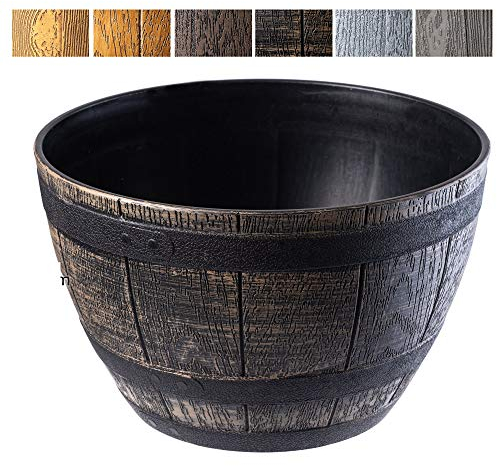 KADAX Ø40 cm – Pot de Fleurs en Plastique pour intérieur et extérieur, Cache-Pot Imitation Bois, Design tonneau élégant (Marron foncé)