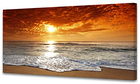 Muolunna S04650 Leinwanddrucke Wandkunst Sonnenuntergang Ozean Strand Bilder Fotogemälde für Wohnzimmer Schlafzimmer Heimdekoration gespannt und gerahmt fertig zum Aufhängen Meereslandschaft Wellen Kunstwerk 50,8 x 101,6 cm