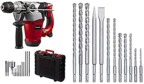 Einhell Bohrhammer-Set RT-RH 32 (1250 W, 3,5 J, Bohrleistung 32 mm, SDS-Plus-Aufnahme, Metall-Tiefenanschlag, 10 Bohrer, Bohrkrone, 2 Meißel, Koffer, inkl. 12-tlg. SDS-Plus Hammer Meißel-Set)