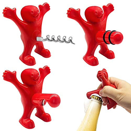 Kit Apribottiglie Vino, 3 Pezzi Apribottiglie Happy Man, Cavatappi Uomo Rosso, per Birra per Regali da Uomo, Set Apribottiglie Regalo