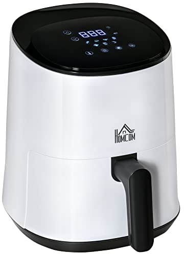 HOMCOM Heißluftfritteuse 2,5 L 1300W mit 7 Menüs Antihaftbeschichteter Korb für gesundes ölfreies fettarmes Kochen Stahl Weiß+Schwarz 33,9 x 24,9 x 29,9 cm