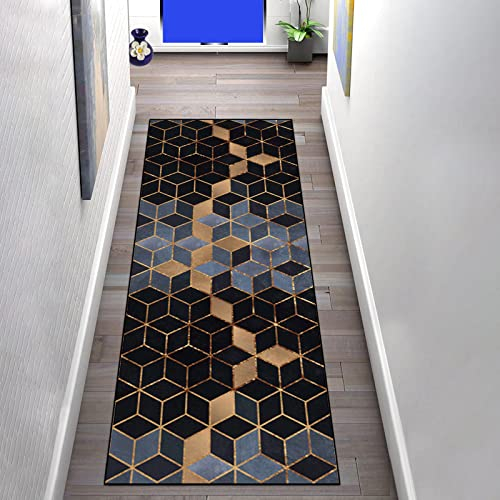 Teppiche Läufer für Flur Rutschfester 80×500cm Geometrischer Schwarzer Grauer Diamant Moderner Simplicity Schmaler Küchen Eingangs Wohnzimmer Läuferteppich, Breite 60cm/ 80cm/100cm/ 120cm