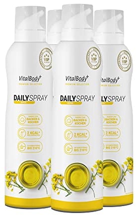 VitalBody+ DailySpray 4er Pack, Rapsölspray zum Braten, Grillen & Backen, 3200 Portionen, 2 kcal pro Sprühstoß, ideal zum Abnehmen, Non-Stick Cooking Spray, Trennspray, zertifiziert & laborgeprüft