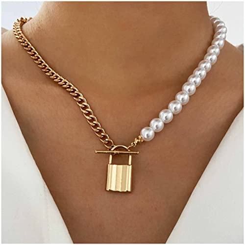 Cimenexe Punk Schloss Anhänger Halskette Große Perle Choker Halskette Gold Panzerkette Halskette Vintage Toggle Halskette Choker Schmuck Für Frauen Und Mädchen