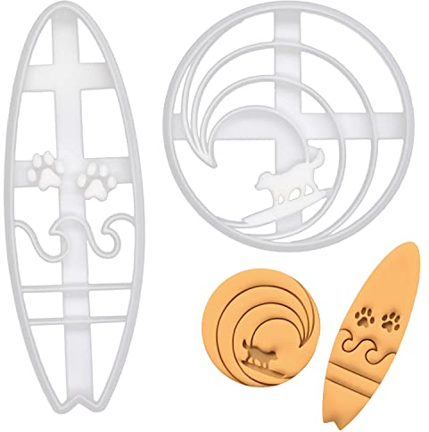 Bakerlogy Surfer Hund Ausstechform (2 Teil): Surfbrett mit Pfotenabdrücken (4.3 cm x 12.8 cm) & Surfer Hund (7.8 cm x 7.8 cm), 3D gedruckt, Spülmaschinenfest, für 5mm Teigdicke, 2 Stück