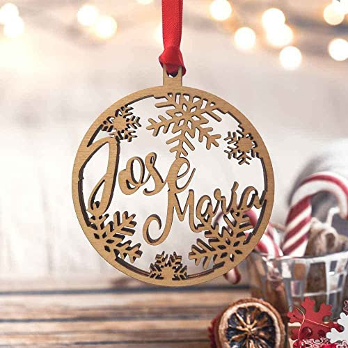Bola de Navidad Personalizada con Nombre de Madera con Copos de Nieve Interior. Regalo Original Personalizado con Nombre. Adorno árbol de Navidad.Cordel de Raso Rojo Incluido. (Pack 4)