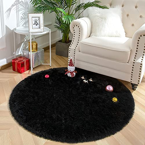 VOFUSHON Schlafzimmer Shaggy Plüsch runden Teppich Bunte Batik Faux Flauschiger Samt Moderne Innenteppiche Lange Haare Fell Optik Gemütliches Bettvorleger Sofa Matte Carpet(Schwarz,150 x 150 cm)