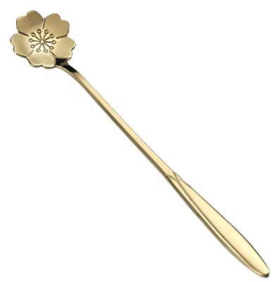 Cuillère à Café, 18cm Cuillère à Dessert de Fleur Cuillère en Acier Inoxydable Doré avec Long Manche Cuillère à Sucre Cuillère à Thé pour Mélanger Café, Thé, Crème Glacée(Sakura)
