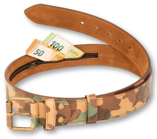 comari Premium Geldgürtel Leder Herren, Stoff-Geheimfach, Reißverschluss - Hochwertiger Gürtel für Reisen, Ledergürtel Handarbeit (Camouflage Beige)