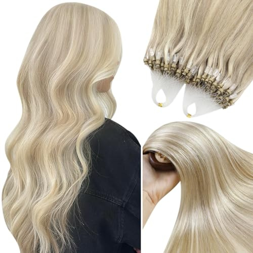 YoungSee Micro Beads Hair Extensions Blonde 24inch,Long Straight Human Hair Extensions Micro Ring,Dark Ash Blonde Highlights Golden Blonde,Beaded Hair Extensions,for Diy Enthusiasts,50s 50g