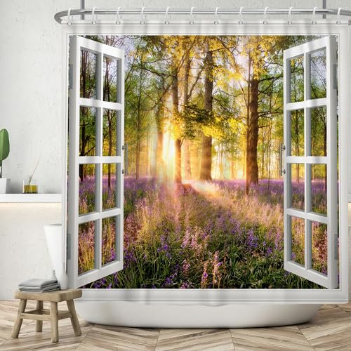 ASDCXZ Tenda da doccia per finestra 120 x 200 cm, motivo primaverile, lilla, verde, foresta, giungla, sole, lavabile, in poliestere, impermeabile, per vasca da bagno con 8 ganci