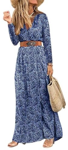 Woolicity Womens Summer Maxi Dress Boho Floral Wrap V Neck Long Sleeve Beach Flowy Long Dresses Blue M
