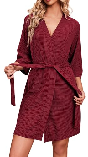 Ekouaer Bademäntel für Damen Waffelstrick Morgenmantel Lässig Robe Hochzeit weich leicht knielang Loungewear Rot L