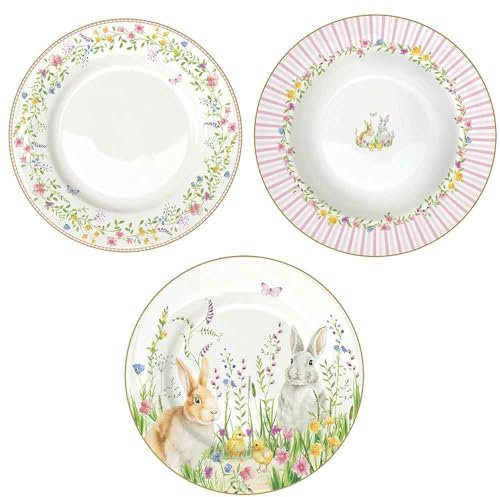 Easy Life Set 18 piatti pasquali servizio per 6 persone in porcellana Happy Easter