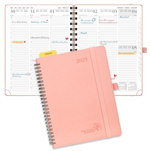 POPRUN Kalender 2025 Wochenplaner Ringbuch mit Softcover, ca. A5 (22 x 16,5 cm), 12-Monate-Terminplaner (Jan.2025-Dez.2025) 1 Woche 2 Seite mit 100 GSM FSC®-Zertifiziertem Papier - Rosa