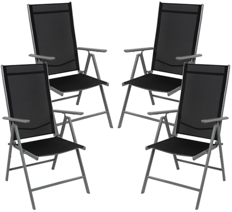 Montafox Klappstuhl Set Balkonstühle Alu Gartenstuhl Verstellbar Klappbar Belastbarkeit 120 kg Outdoor Hochlehner Aluminium Klappsessel Doppelpack Balkon Terrasse, Farbe:Schwarz, Menge:4 Stück