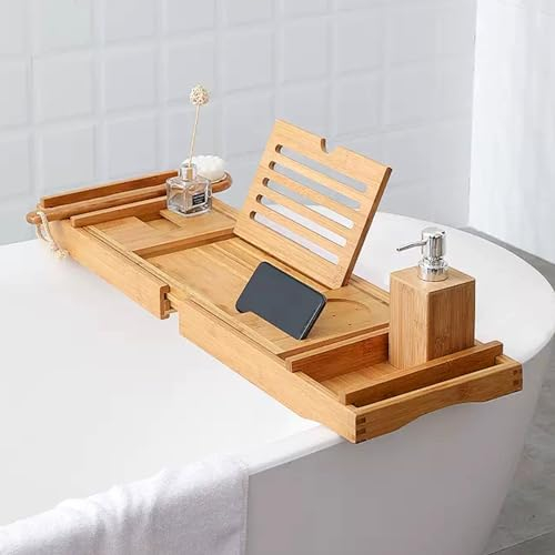 Badewannenablage 75–110 cm, erweiterbares Badewannenregal über Badewannen, Badewannenablagetisch aus massivem Holz zum Lesen/Spa-Entspannen, multifunktionales Badewannenzubehör