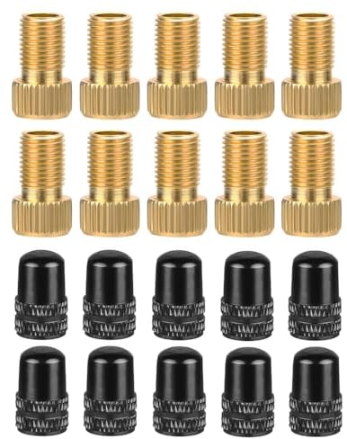 Saipor 10Stück Messing-Adapter für Presta-Ventile + 10Stück Schrader-Ventilkappen Fahrrad, Presta- in Schrader AV Autoventil, Fahrrad-Ventil Adapter Set, Französisches Ventil Adapter Ventiladapter