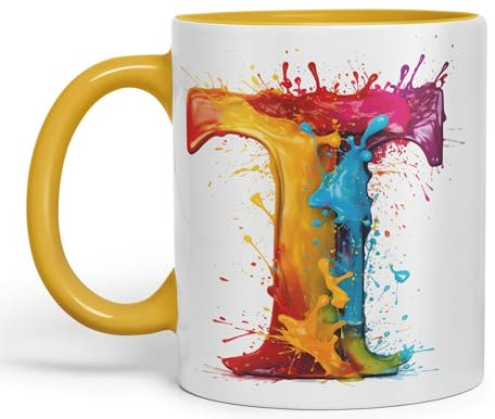 Vixar Letter T Mug, Alphabet Letter T Monogram Watercolour Ceramic Coloured Mug Cup for Tea Coffee Hot Brew 330ml 11Oz Gift (G Yellow)