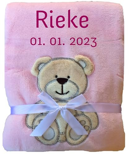 Wuff-Dogsworld Babydecke viele Farben & Motive mit Namen/Geburtsdatum Bestickt Geschenk Baby (rosa Bär)