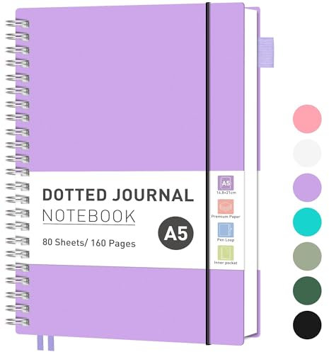RETTACY Notizbuch A5 Gepunktetes, Bullet Dot Journal, Leichtgewicht Collegeblock, 80 Blatt / 160 Seiten Zum Schreiben, 100gsm, PVC Rinbuch, für Frauen Männer Arbeit Büro, 14.8 x 21cm - Lila