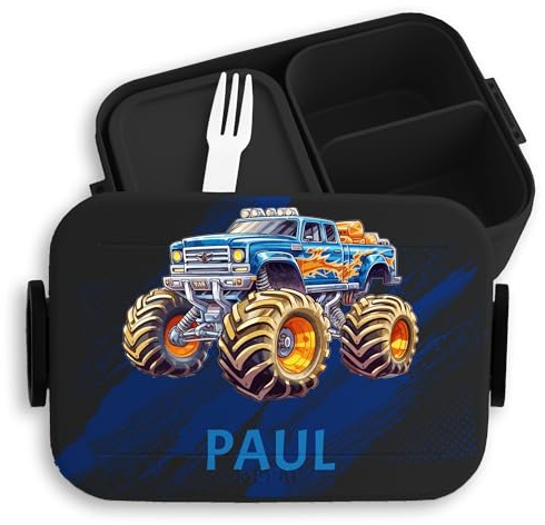 Kinder Bento Box Midi für Mepal Bentobox - Auto - Lunchbox Monstertruck mit Name Brotbox Monster Truck | Jungen Geschenk Einschulung Trucks - 900 ml - Schwarz - brotdose schule junge geschenke
