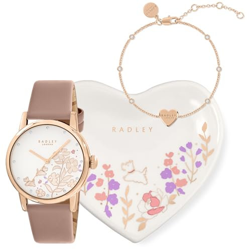 RADLEY Womens Rose Gold Plated Pink Leather Watch, 18ct Rose Gold Plated Stone Charm Bracelet & Heart Ceramic Trinket Tray Gift Set