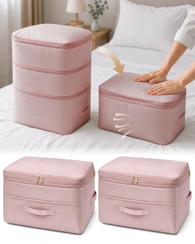 2 Stück Platzsparender Komprimierender Organizer, Aufbewahrungstasche für Bettdecken, Aufbewahrung für Keidung, Bettdecken (Rosa, XL)