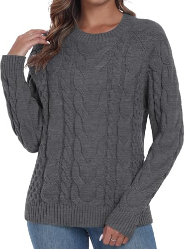QIXING Womens Cable Knit Jumper Classic Crew Neck Sweater Elegant Long Sleeve Textured Knitwear for Women UK