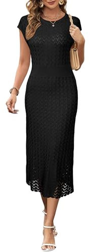 Newshows Summer Dresses for Women UK Hollow Knit Casual Work Business Elegant Ladies Midi Dress Black,S