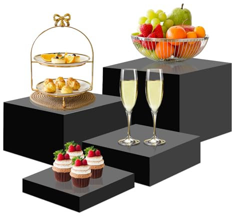 YumSur 4 alzate per buffet, alzate per alimenti in acrilico, alzate per cupcake, espositori per alimenti per catering, buffet, set da esposizione per tavolo da dessert, supporto per torte (nero)