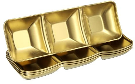 Sourcing Map 4 Pcs Stainless Steel 3 Compartment Sushi Soy Sauce Divided Dipping Bowls Metal Seasoning Dishes Appetizer Serving Tray Sauce Dish for Home Kitchen BBQ, Gold