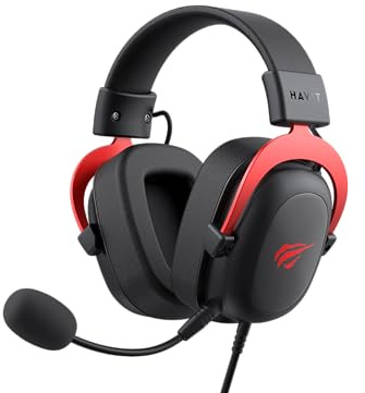 havit H2002E Pro Gaming-Kopfhörer, 60-mm-Lautsprecher, 3,5-mm-Klinkenstecker, abnehmbares Mikrofon, Schwarz/Rot