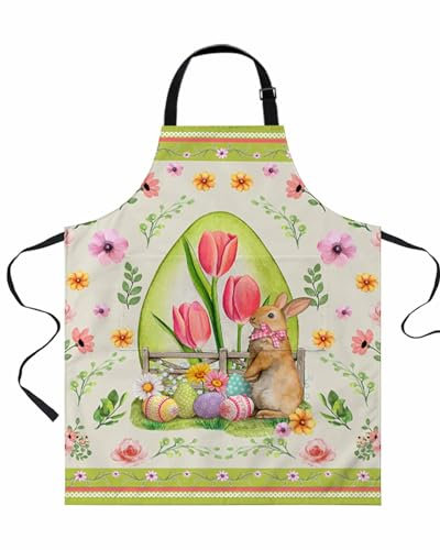Delantal De Barbacoa, Rabbits De Pascua Huevos De Color Verde Azulado Flores es De Primavera Botánico Colorido Delantal Cocina Impermeable Delantal De Cocina Con Bolsillo Chef Delantal Para Cocinar