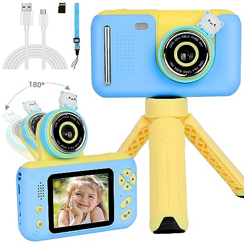 Kinderkamera 2,4 - Kinder Fotoapparat mit 180° Flip-Objektiv 1080P HD Stativ & 32GB SD-Karte Kids Selfie Camera Spielzeug für 3-12Jahre Jungen Mädchen Geschenk Geburtstag Weihnachten (2.4-Blau)