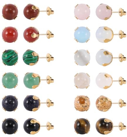 JMFENFA Lot de 12 paires de boucles d'oreilles rondes en acier inoxydable plaqué or avec pierre précieuse naturelle œil de tigre, quartz rose, onyx, opale pour femme, 6mm, Acier inoxydable, Œil de