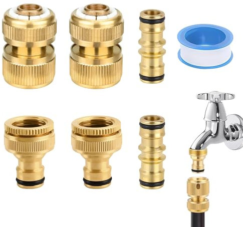 Confezione da 6 connettori rapidi in ottone per tubo da giardino, 2 connettori doppi maschio, 2 connettori terminali per tubo, 2 connettori per rubinetto da 1/2 '' e 3/4 '' 2 in 1, 1 nastro idraulico
