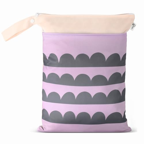 BebeBiu Baby Nasstaschen für Stoffwindeln– Wasserdichter Wetbag aus Polyester mit 2 Reißverschlusstaschen und Griff, Wiederverwendbar, für Kindergarten, Wickeltasche und Unterwegs (Pale Mauve Wave)