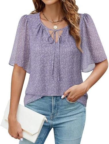 Vafoly Blusen & Tuniken für Damen: Chiffon Bluse Damen Kurzarm Casual Leicht Blumen Doppellagige Tunika Sommer Elegant V Ausschnitt Flowy Oberteil Frühling Lässig Schlaufenband Lila Blumen XXL